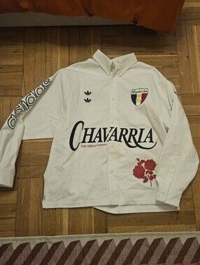 adidas Cream Button-Down Shirt with Black Script & Red Rose